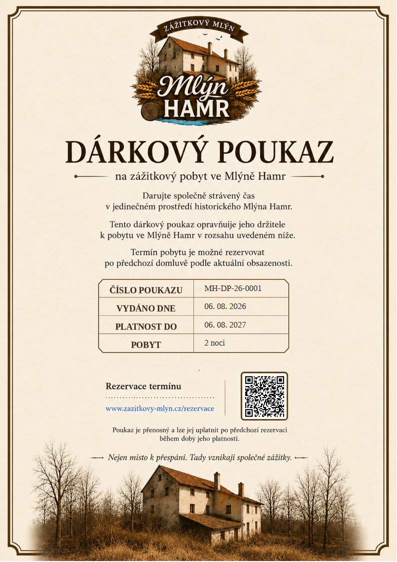 Dárkový poukaz s logem Mlýn Hamr, textem, tabulkou údajů a QR kódem na béžovém pozadí.