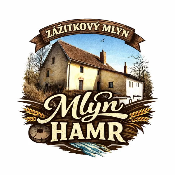Stylizované logo s budovou mlýna, nápisem „ZÁŽITKOVÝ MLÝN“ a „MLÝN HAMR“, dekorativními koly a obilím.